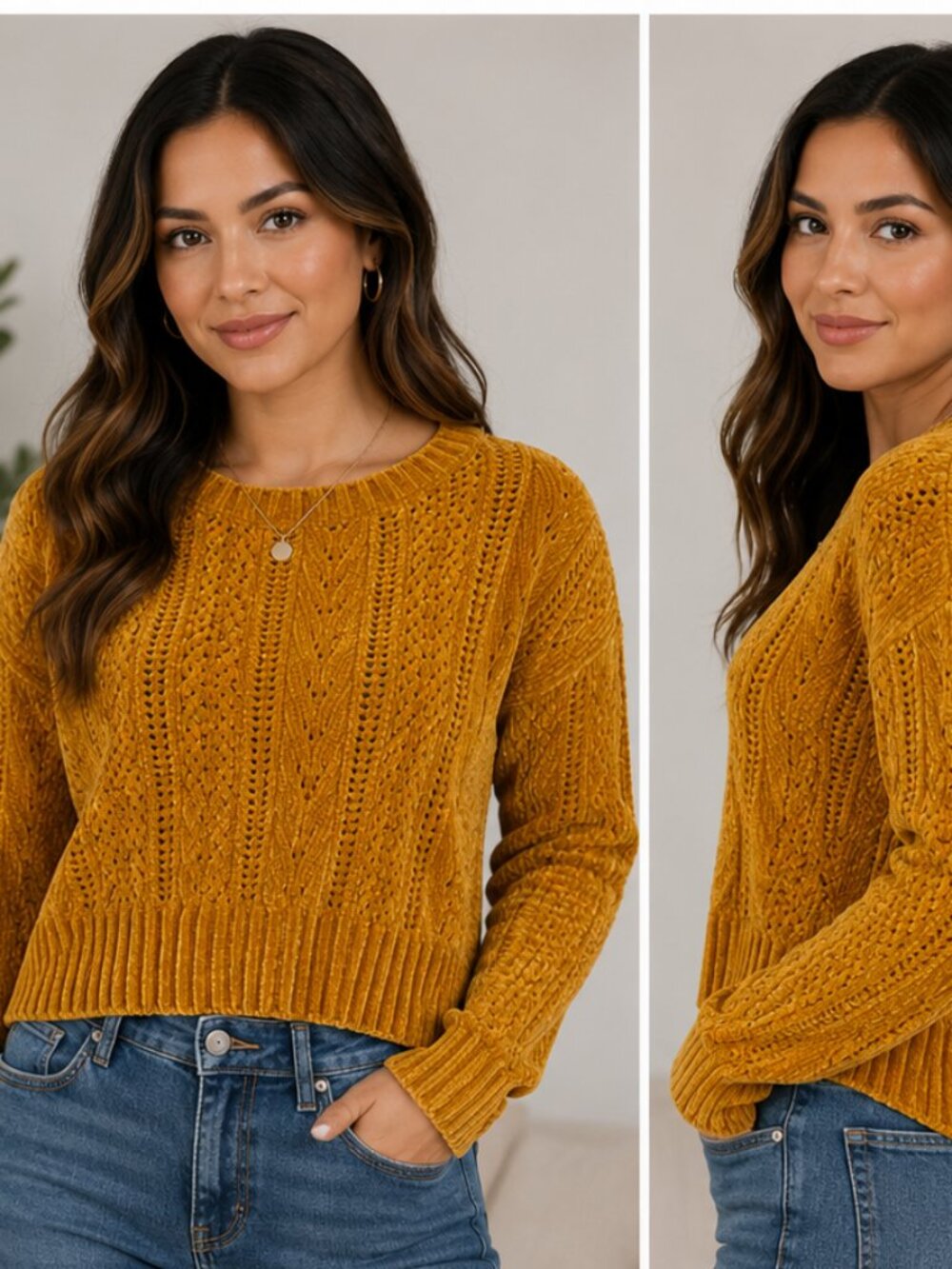 COCO Women’s Mustard Gold Chenille Cable Soft Knit Sweater Size M Long Sleeve
